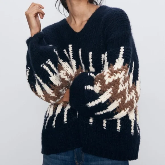 NWT ZARA BALLOON SLEEVE JACQUARD navy blue SWEATER - Picture 3 of 3